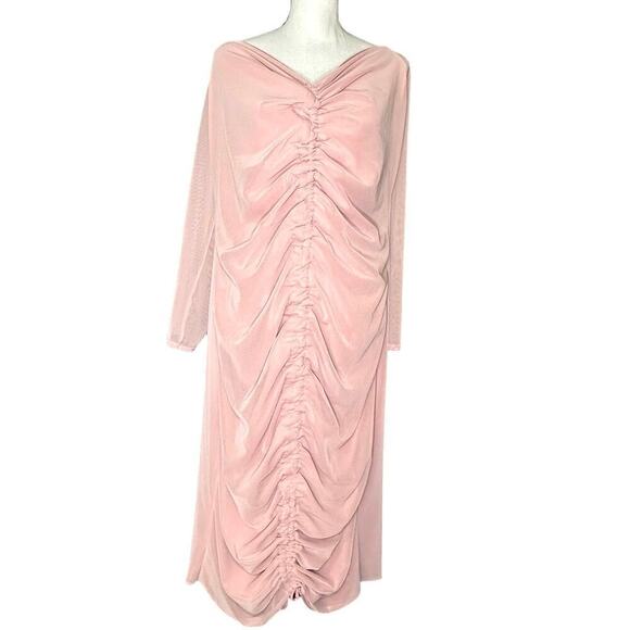 PrettyLittleThing Plus Nude Pink Mesh Ruched Bardot Midi Dress Sz 20 NWT - Picture 4 of 6